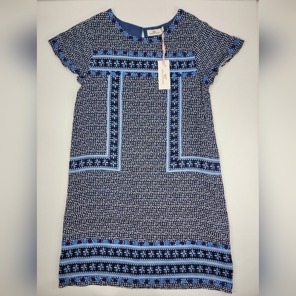 Vineyard Vines Dresses & Skirts - NEW Vineyard Vines Dot Border Print Shift Dress Linen Blend Blue Women's 4 NWT